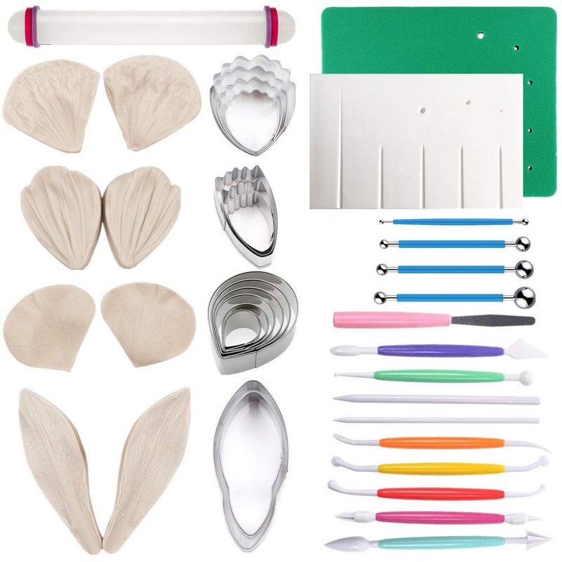 Colorkitchenware Gum Paste Flowers and Leaves Fondant Tools Kit-4set Gumpaste Flower Cutter 4set Fondant Flower Silicone Molds 1 Veining Board 1 Foam Pad 7 Modelling Tools 4 Ball Tools 1 Rolling Pin - Image 1